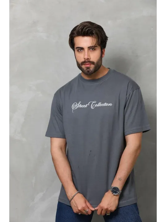 Unisex Bisiklet Yaka Baskılı Oversize T-shirt - Füme