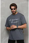 Unisex Bisiklet Yaka Baskılı Oversize T-shirt - Füme