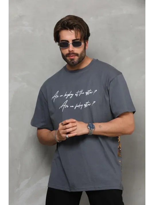 Unisex Bisiklet Yaka Baskılı Oversize T-shirt - Füme