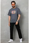 Unisex Bisiklet Yaka Baskılı Oversize T-shirt - Füme