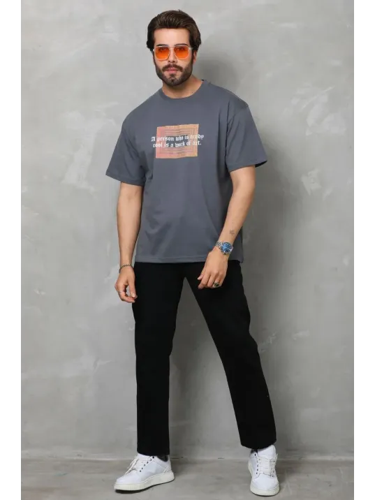 Unisex Bisiklet Yaka Baskılı Oversize T-Shirt - Füme Unisex Bisiklet Yaka Baskılı Oversize T-Shirt - Füme