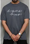 Unisex Bisiklet Yaka Baskılı Oversize T-shirt - Füme