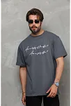 Unisex Bisiklet Yaka Baskılı Oversize T-shirt - Füme