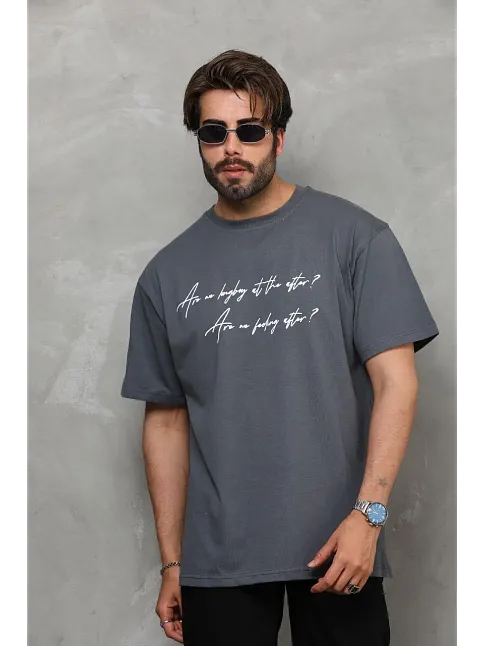 Unisex Bisiklet Yaka Baskılı Oversize T-shirt - Füme