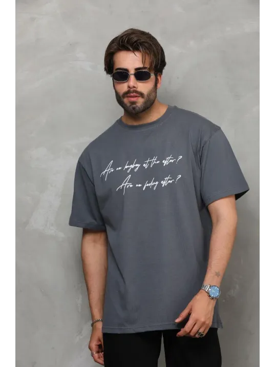 Unisex Bisiklet Yaka Baskılı Oversize T-shirt - Füme