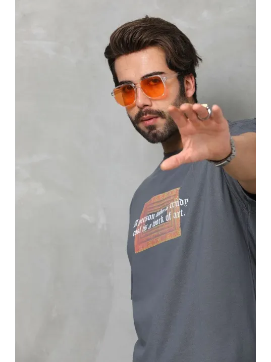 Unisex Bisiklet Yaka Baskılı Oversize T-Shirt - Füme Unisex Bisiklet Yaka Baskılı Oversize T-Shirt - Füme