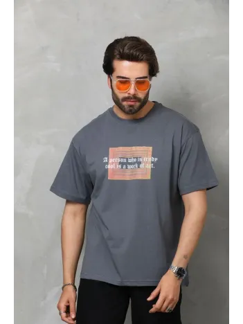 Unisex Bisiklet Yaka Baskılı Oversize T-Shirt - Füme Unisex Bisiklet Yaka Baskılı Oversize T-Shirt - Füme