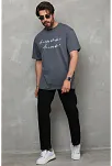 Unisex Bisiklet Yaka Baskılı Oversize T-shirt - Füme