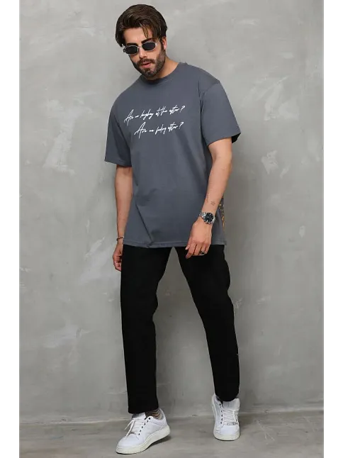 Unisex Bisiklet Yaka Baskılı Oversize T-shirt - Füme
