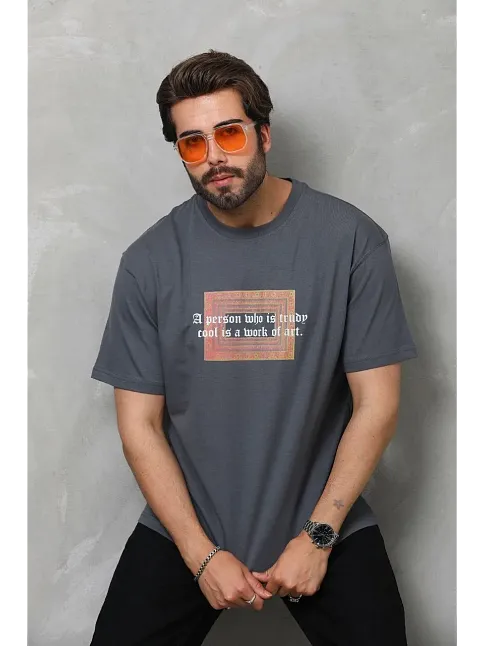 Unisex Bisiklet Yaka Baskılı Oversize T-shirt - Füme