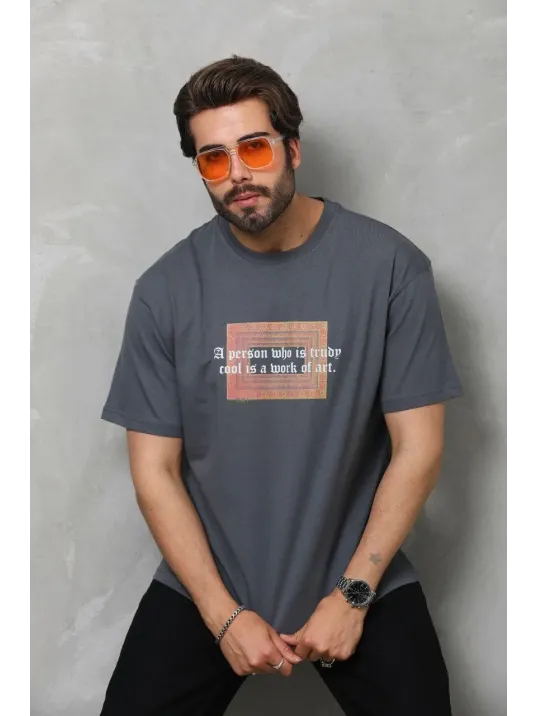 Unisex Bisiklet Yaka Baskılı Oversize T-Shirt - Füme Unisex Bisiklet Yaka Baskılı Oversize T-Shirt - Füme