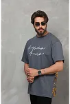 Unisex Bisiklet Yaka Baskılı Oversize T-shirt - Füme