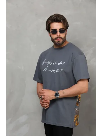 Unisex Bisiklet Yaka Baskılı Oversize T-shirt - Füme