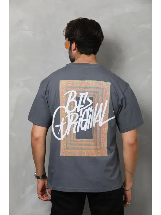 Unisex Bisiklet Yaka Baskılı Oversize T-Shirt - Füme Unisex Bisiklet Yaka Baskılı Oversize T-Shirt - Füme