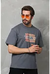 Unisex Bisiklet Yaka Baskılı Oversize T-shirt - Füme