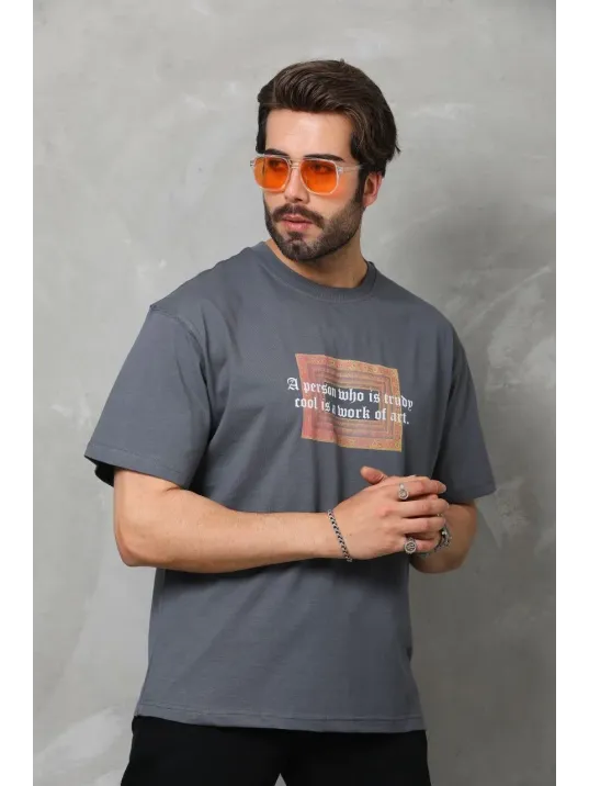 Unisex Bisiklet Yaka Baskılı Oversize T-Shirt - Füme Unisex Bisiklet Yaka Baskılı Oversize T-Shirt - Füme