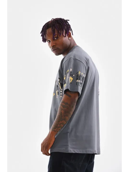 Unisex Bisiklet Yaka Baskılı Oversize T-Shirt - Gri Unisex Bisiklet Yaka Baskılı Oversize T-Shirt - Gri