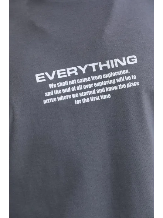 Unisex Bisiklet Yaka Baskılı Oversize T-Shirt - Gri Unisex Bisiklet Yaka Baskılı Oversize T-Shirt - Gri