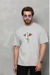 Unisex Bisiklet Yaka Baskılı Oversize T-shirt - Gri