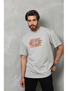 Unisex Bisiklet Yaka Baskılı Oversize T-shirt - Gri