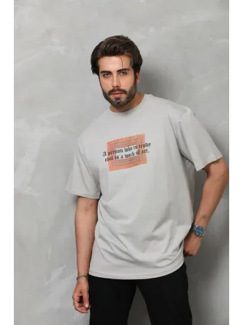 Unisex Bisiklet Yaka Baskılı Oversize T-Shirt - Gri Unisex Bisiklet Yaka Baskılı Oversize T-Shirt - Gri