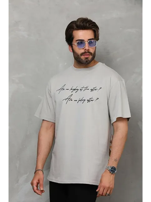 Unisex Bisiklet Yaka Baskılı Oversize T-shirt - Gri