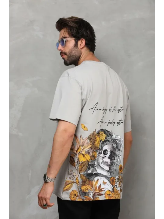 Unisex Bisiklet Yaka Baskılı Oversize T-shirt - Gri