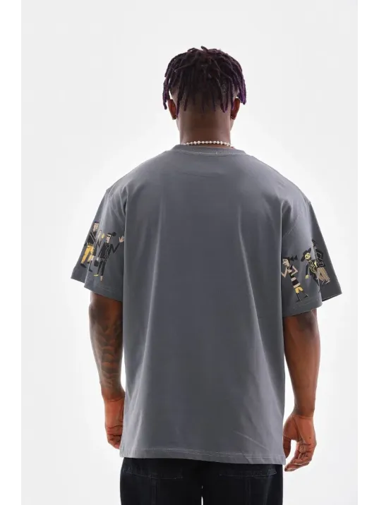 Unisex Bisiklet Yaka Baskılı Oversize T-Shirt - Gri Unisex Bisiklet Yaka Baskılı Oversize T-Shirt - Gri