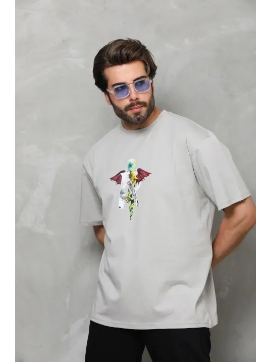 Unisex Bisiklet Yaka Baskılı Oversize T-Shirt - Gri Unisex Bisiklet Yaka Baskılı Oversize T-Shirt - Gri