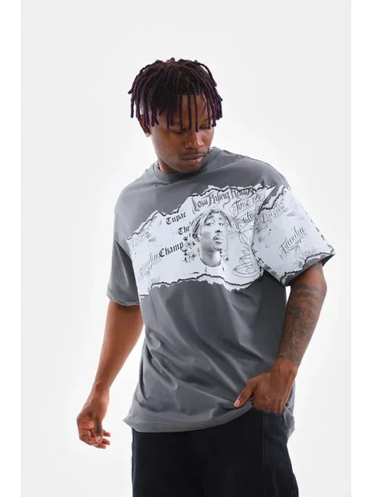 Unisex Bisiklet Yaka Baskılı Oversize T-Shirt - Gri