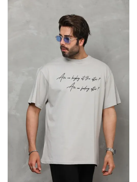 Unisex Bisiklet Yaka Baskılı Oversize T-shirt - Gri