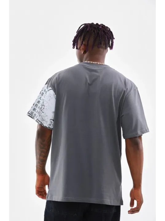 Unisex Bisiklet Yaka Baskılı Oversize T-Shirt - Gri