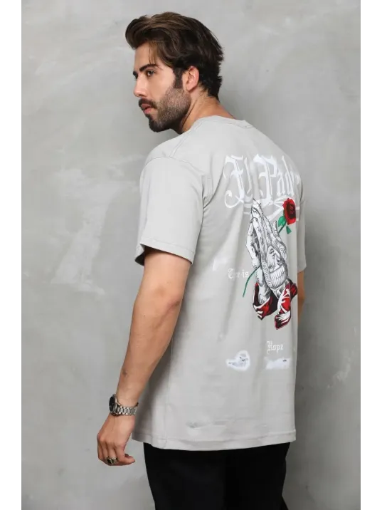 Unisex Bisiklet Yaka Baskılı Oversize T-Shirt - Gri