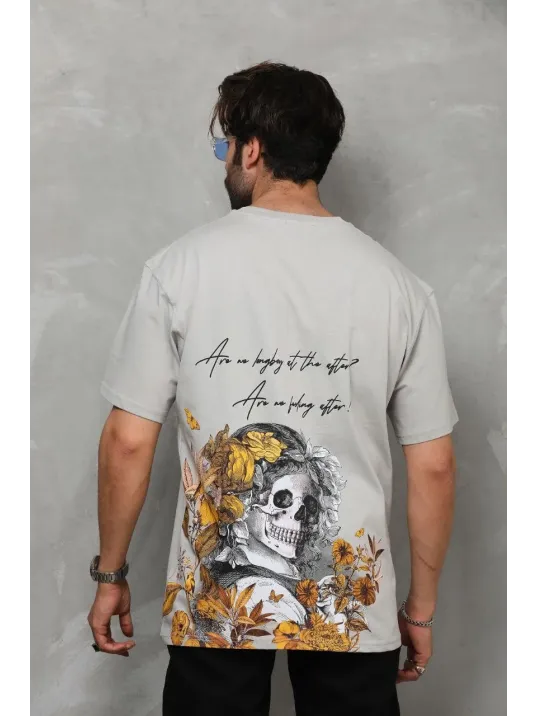 Unisex Bisiklet Yaka Baskılı Oversize T-shirt - Gri