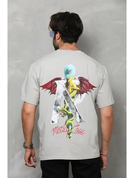 Unisex Bisiklet Yaka Baskılı Oversize T-Shirt - Gri Unisex Bisiklet Yaka Baskılı Oversize T-Shirt - Gri