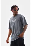 Unisex Bisiklet Yaka Baskılı Oversize T-shirt - Gri
