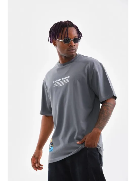 Unisex Bisiklet Yaka Baskılı Oversize T-Shirt - Gri Unisex Bisiklet Yaka Baskılı Oversize T-Shirt - Gri