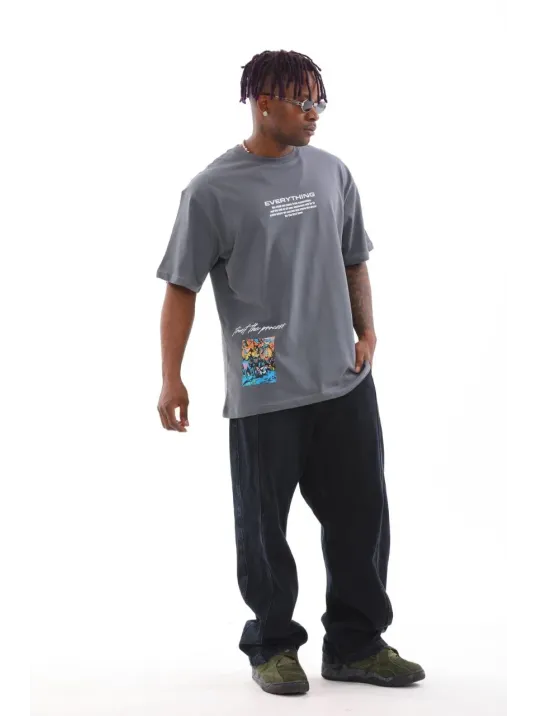 Unisex Bisiklet Yaka Baskılı Oversize T-Shirt - Gri Unisex Bisiklet Yaka Baskılı Oversize T-Shirt - Gri