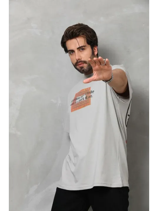 Unisex Bisiklet Yaka Baskılı Oversize T-Shirt - Gri Unisex Bisiklet Yaka Baskılı Oversize T-Shirt - Gri
