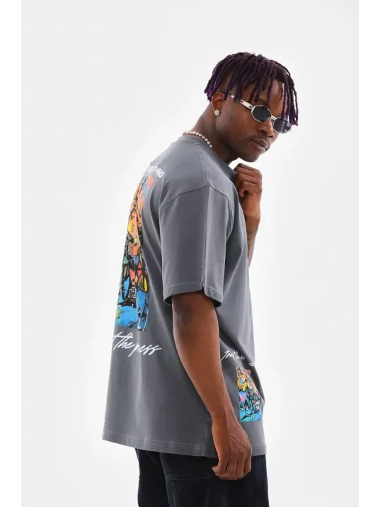 Unisex Bisiklet Yaka Baskılı Oversize T-Shirt - Gri Unisex Bisiklet Yaka Baskılı Oversize T-Shirt - Gri
