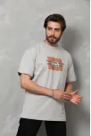 Unisex Bisiklet Yaka Baskılı Oversize T-shirt - Gri