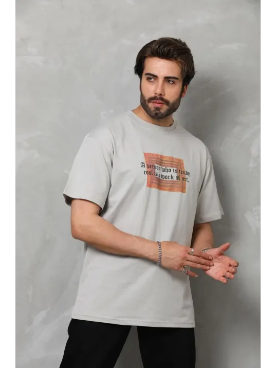 Unisex Bisiklet Yaka Baskılı Oversize T-Shirt - Gri Unisex Bisiklet Yaka Baskılı Oversize T-Shirt - Gri