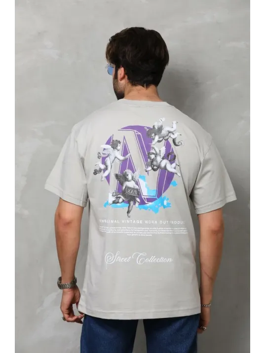 Unisex Bisiklet Yaka Baskılı Oversize T-shirt - Gri