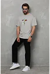 Unisex Bisiklet Yaka Baskılı Oversize T-shirt - Gri