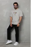Unisex Bisiklet Yaka Baskılı Oversize T-shirt - Gri