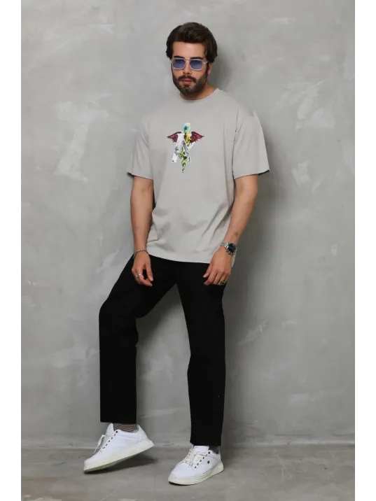 Unisex Bisiklet Yaka Baskılı Oversize T-Shirt - Gri Unisex Bisiklet Yaka Baskılı Oversize T-Shirt - Gri