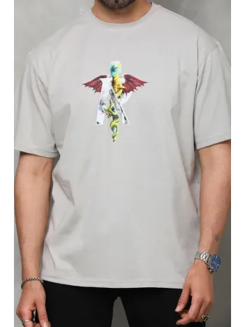 Unisex Bisiklet Yaka Baskılı Oversize T-Shirt - Gri Unisex Bisiklet Yaka Baskılı Oversize T-Shirt - Gri