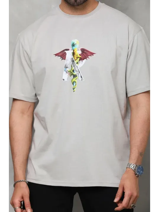 Unisex Bisiklet Yaka Baskılı Oversize T-Shirt - Gri Unisex Bisiklet Yaka Baskılı Oversize T-Shirt - Gri