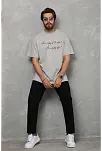 Unisex Bisiklet Yaka Baskılı Oversize T-shirt - Gri