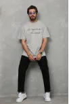 Unisex Bisiklet Yaka Baskılı Oversize T-shirt - Gri